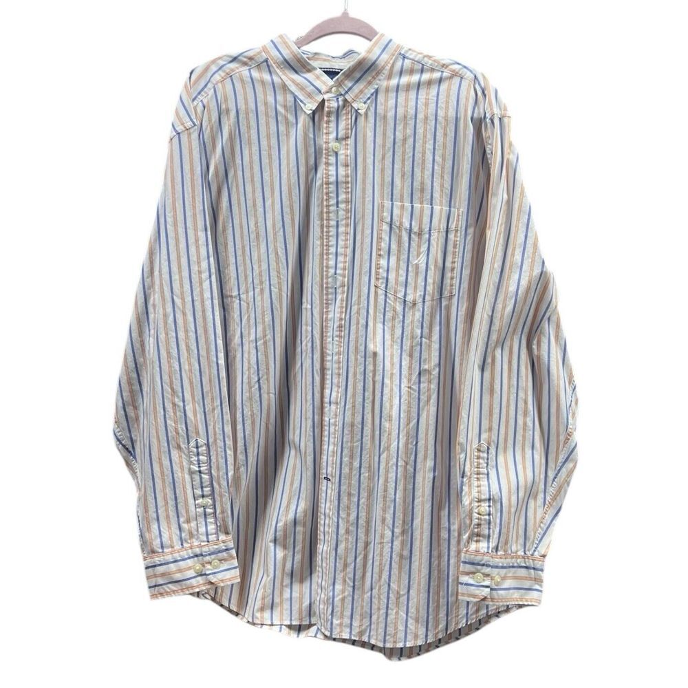 Nautica Classic Fit Men's Long Sleeve Dress Shirt Size XL Blue White Strip